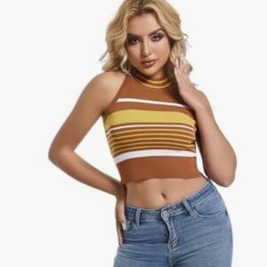 NWT, Asplresolar Ribbed Knit Halterneck Sleeveless Striped Crop Top, Medium